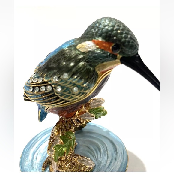 Kingfisher Bird Bejeweled Enameled Hummingbird Trinket Box Hinged Magnetic - Picture 10 of 13